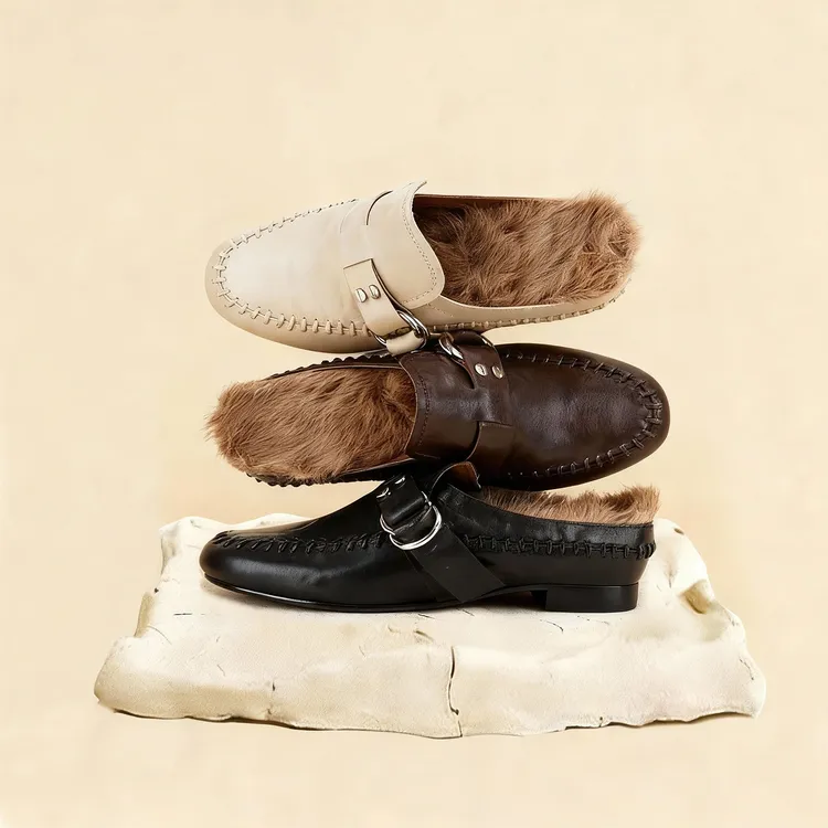 时尚兔毛拖鞋女外穿真皮穆勒鞋半拖2025秋冬复古小皮鞋平跟毛毛鞋
