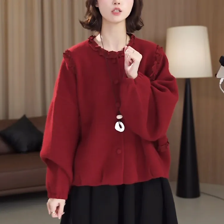 红色圆领长袖呢子开衫女士秋冬新款高级感宽松显瘦洋气木耳边上衣