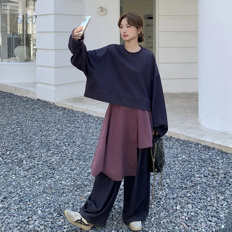 2025季秋日系休闲条纹屁帘拼接阔腿裤两件格纹拼接休闲卫衣套装女