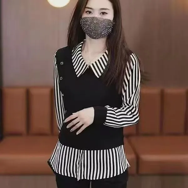 假两件套头薄款打底新款高档条纹百搭修身上衣长袖