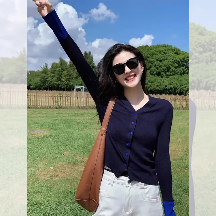 早春慵懒风藏蓝色小个子外搭毛衣开衫外套女春秋款超好看针织上衣