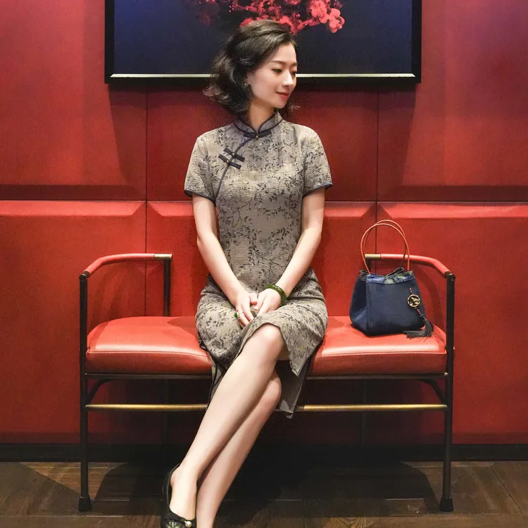 西子/【青黛】新中式斜襟盘扣立领气质显瘦连衣裙旗袍/QPBH261