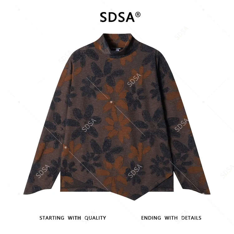SDSA男士秋冬新款痞帅男装韩版撞色植物花卉半高领长袖T恤百搭潮