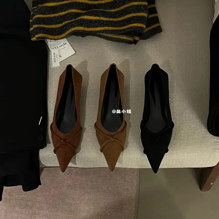 2025春季新款尖头浅口绒面低跟高跟鞋小众时尚百搭网红单鞋