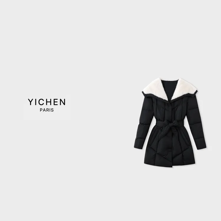 YC 拼接绑带收腰保暖设计师中长款鹅绒服-4027