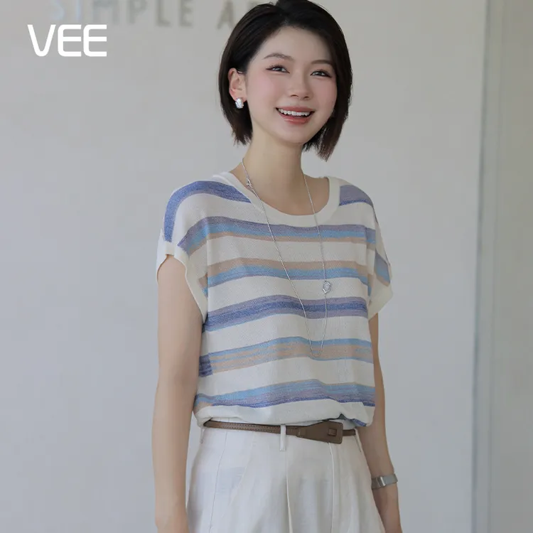 VEE【幻想世界】条纹段染渐变小飞袖竹节麻毛衣针织衫