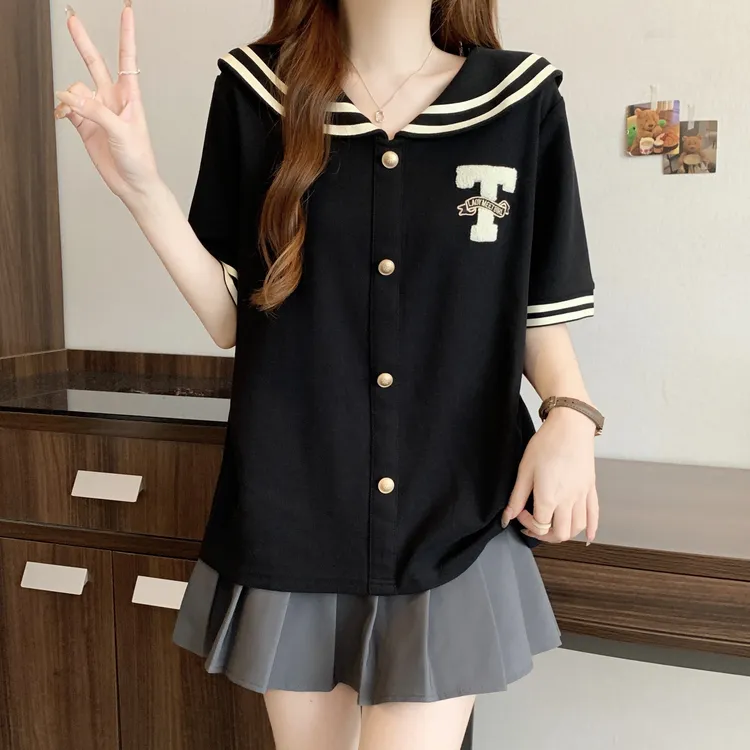 大码胖妹妹女装新款学院风休闲时尚针织短袖女t恤上衣女