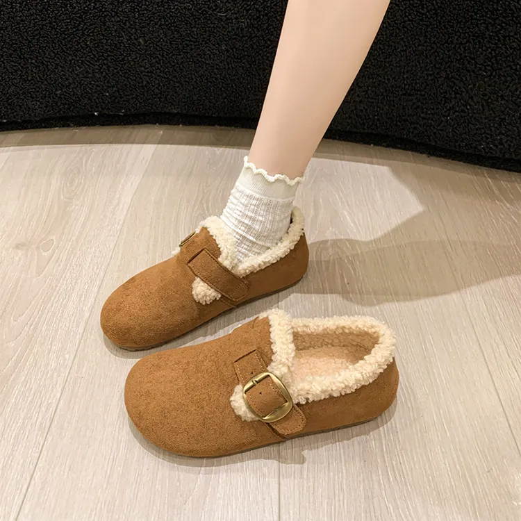 加绒豆豆勃肯鞋女2025新款秋冬一脚蹬乐福厚底棉鞋子保暖雪地靴
