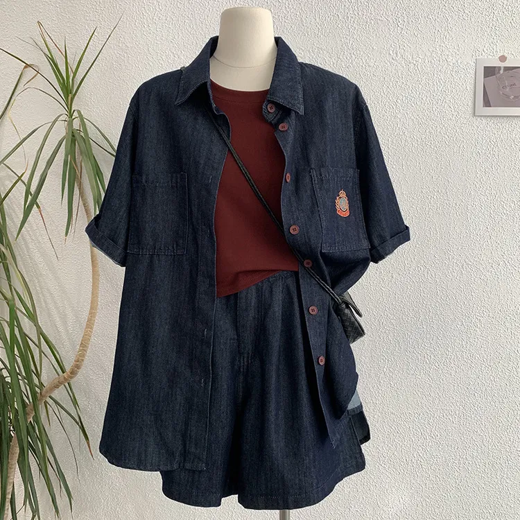 若风欧洋气+外套女装短裤短袖中长款休闲时尚两件套衬衫翻领牛仔
