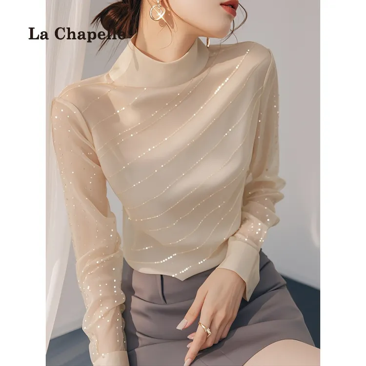 拉夏贝尔2025早春秋轻奢高级感米白色细闪雪纺衬衫女别致独特上衣