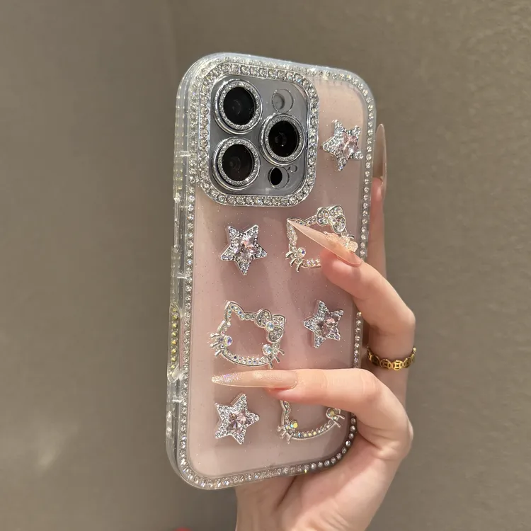全包边镶钻闪钻星星KT猫适用iPhone16手机壳15promax苹果14可爱13