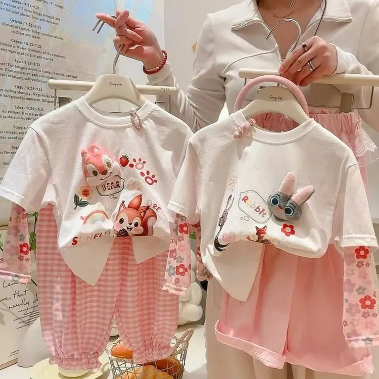 女童纯棉假两件半袖T恤宝宝夏季2025新款拼接防晒服网纱防晒上衣