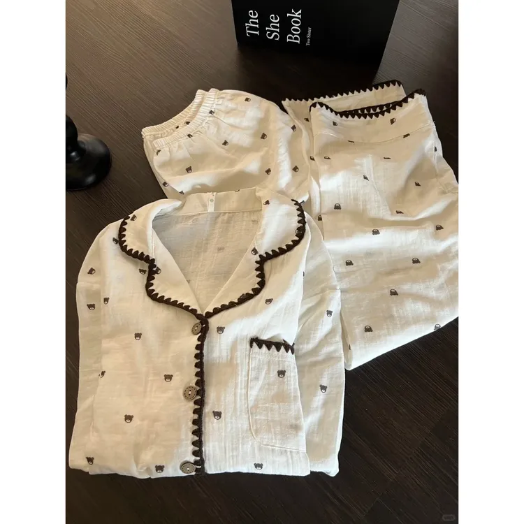 卡通软萌小熊花边小翻领薄款睡衣女秋新款长袖长裤家居服套装外穿