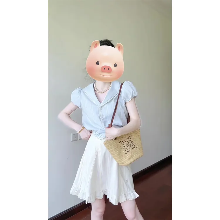 2025年春夏季新款法式海军领短袖提花小衫上衣半身裙蕾丝花边短裙