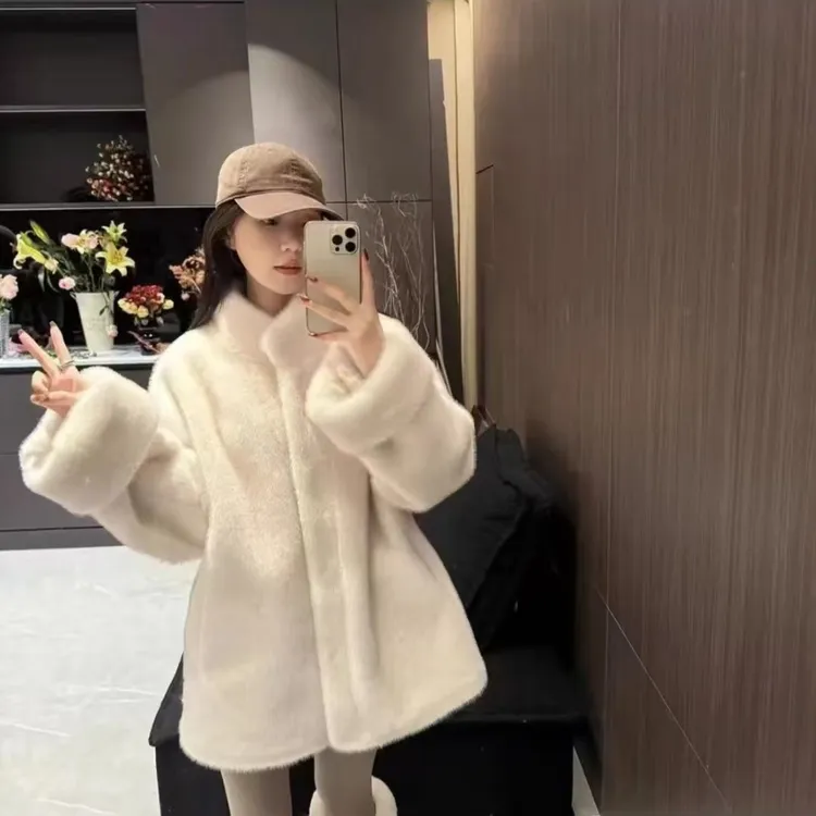 韩版立领外套新款冬季中长款宽松挽袖环保貂绒皮毛一体加厚外套