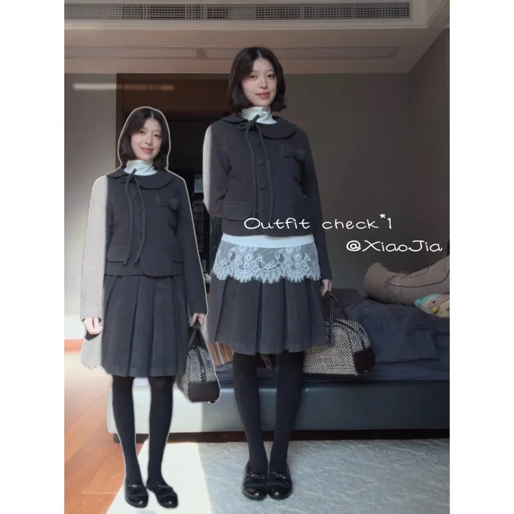 MARIE.COCO韩系小香风设计感蝴蝶结毛呢外套搭高级感半身裙学院装