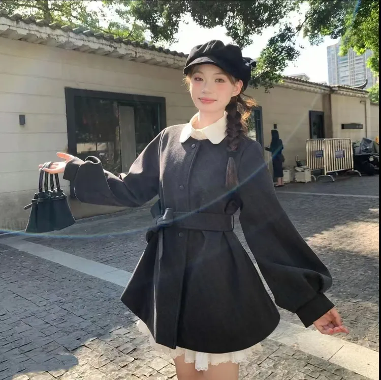 大码女装女毛呢外套韩系英伦风卡其色大衣保暖冬季秋冬灯笼袖