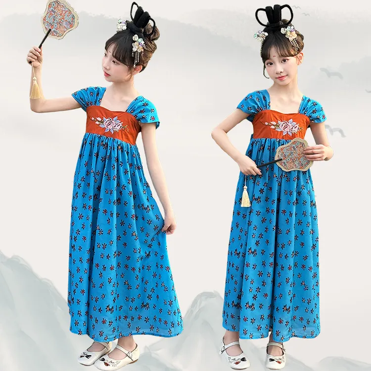 女童旗袍儿童夏装2025新款中国风新中式汉服女孩蓝色碎花连衣裙子
