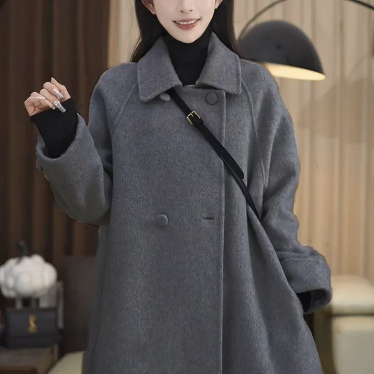 2025年韩版中长款双面毛呢大衣女小个子宽松秋冬气质百搭毛呢外套