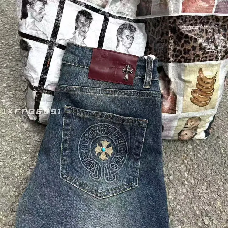秋冬新品重工做旧直筒休闲刺绣长裤复古男士秋季牛仔裤微弹【6091】