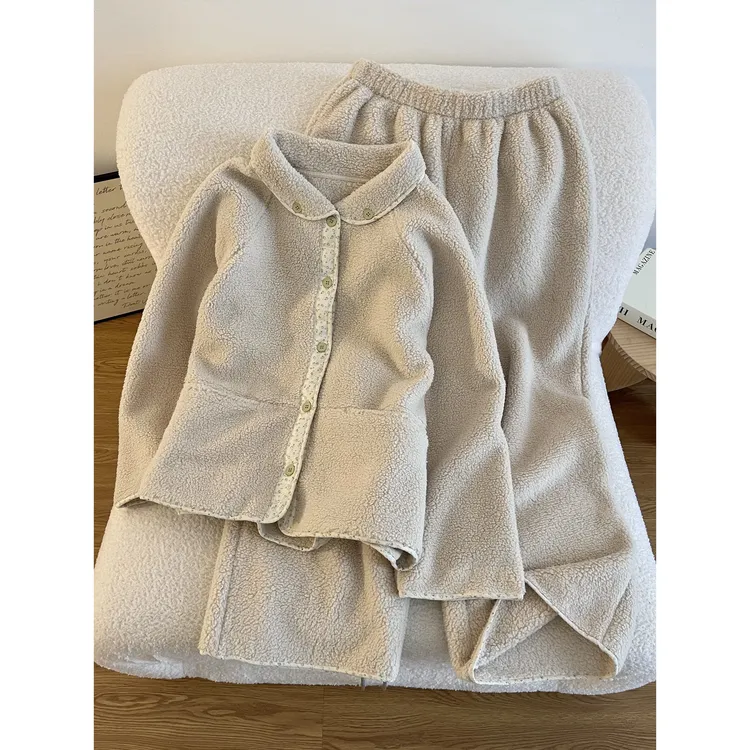 奶乎乎软糯珊瑚绒睡衣女秋冬季翻领开衫外套毛绒绒保暖家居服套装