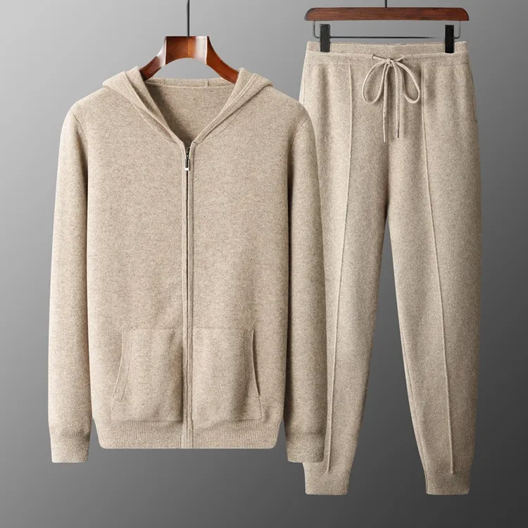 休闲卫衣套装男款100%纯羊毛开衫男士外套秋冬款加厚针织卫裤长裤