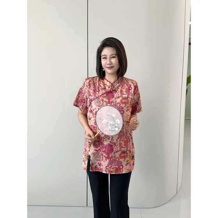 微胖女装【锦鲤】复古轻奢新中式小立领短袖上衣新款重工20711-1