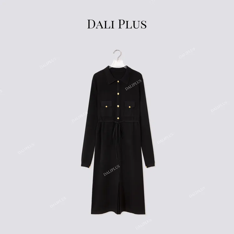 DALI PLUS“100羊毛针织裙”系带可收腰长袖针织连衣裙-D5ST1515