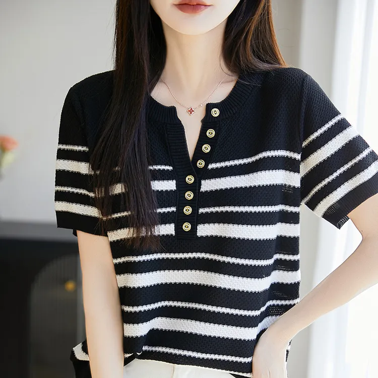 品牌2025夏季短袖条纹针织衫V领短袖针织T恤时尚打底衫上衣透气女