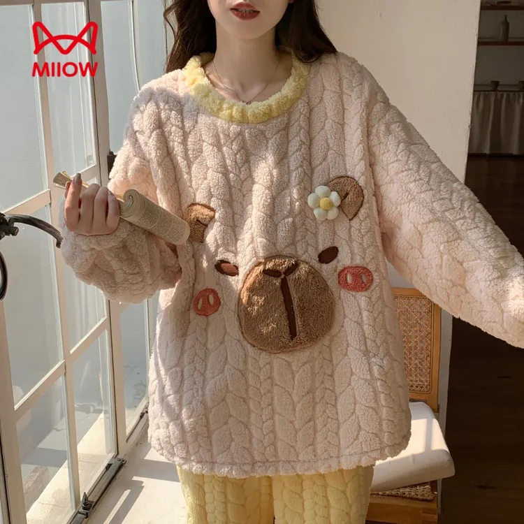 猫人法兰绒睡衣女款加厚加绒宽松珊瑚绒家居服女学生冬季保暖套装