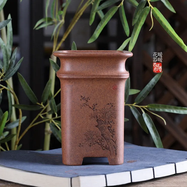 『柴烧-竹节签筒』暖暖精选手工紫砂花盆 苏兵款盆景中式