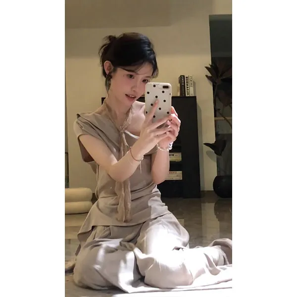斜肩背心吊带女夏外穿露肩飘带上衣大方得体亚麻两件套装女