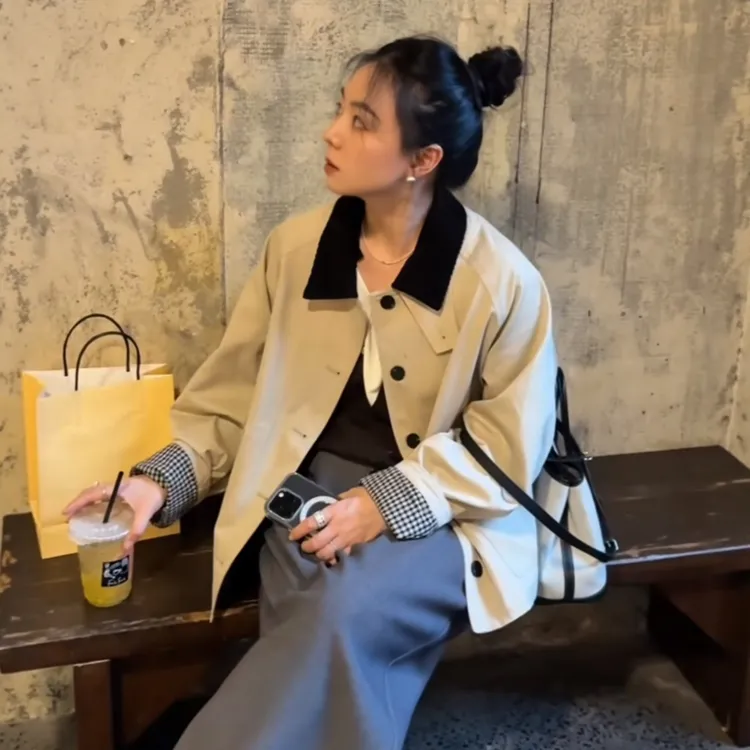 正版巴恩风设计感撞色风衣加厚外套女2025秋季超好看休闲棉服上衣