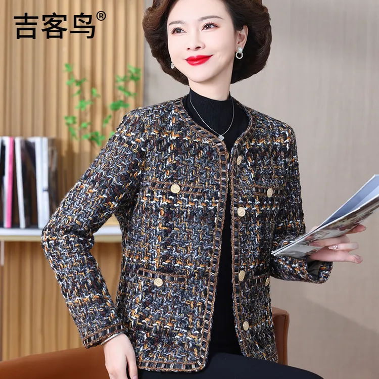 妈妈春装小香风外套中老年人女装春秋洋气质短款时尚格子春秋上衣