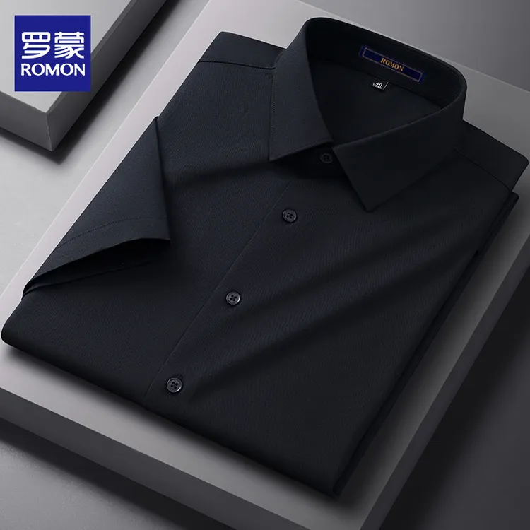罗蒙男士休闲弹力翻领短袖衬衫夏季新款纯色透气户外百搭短袖衬衣