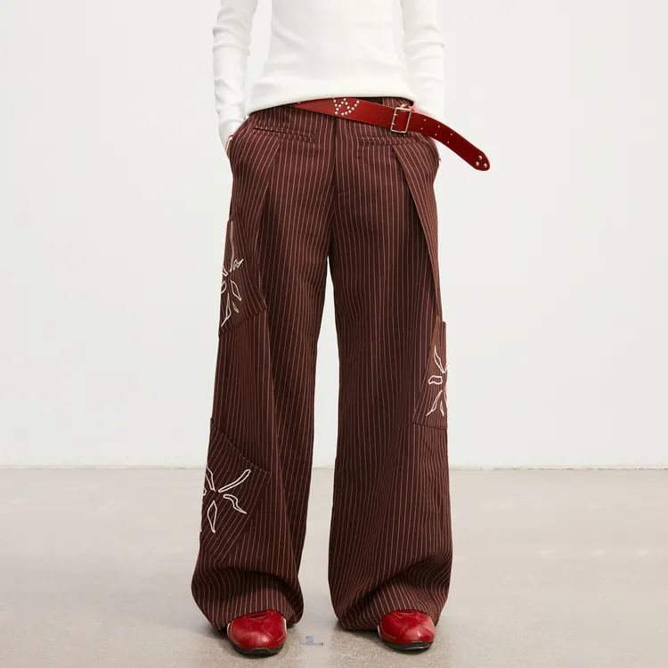 Howwell酒红条纹口袋刺绣西裤长裤Gemini买手店2025秋冬新款裤子