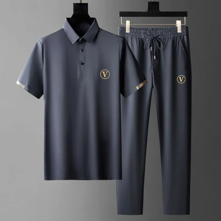 夏季新款男士高端polo衫翻领休闲套装运动冰丝潮牌修身帅气两件套