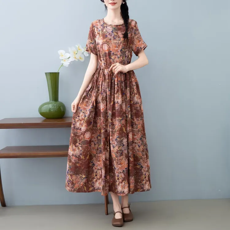 朵朵-夏季新款文艺复古收腰显瘦中长款气质棉麻碎花女装连衣裙子