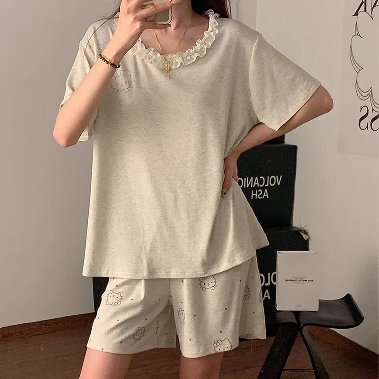 2025年新款灰色蕾丝花边睡衣女生夏季莫代尔棉短袖短裤家居服套装