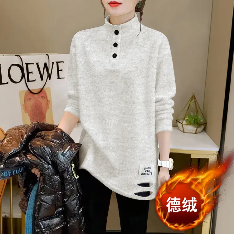 破洞下摆潮流百搭T恤秋冬新款半高领POLO领德绒保暖中长款打底衫