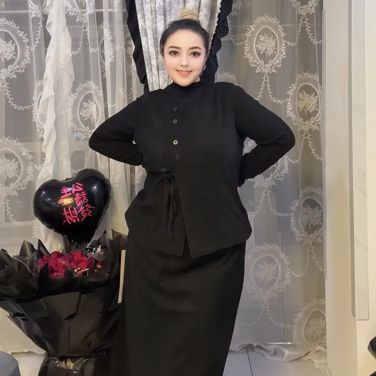 大码气质收腰无袖马甲搭配长袖打底衫休闲套装春秋季女装