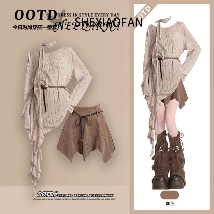 夏季旅游穿搭高级感微透长袖毛衣配美拉德时尚洋气减龄短裙两件套