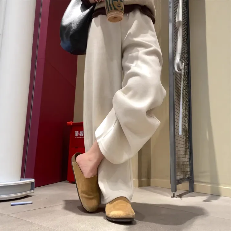 米杏色毛呢休闲卫裤女冬加绒加厚大码胖mm高腰宽松显瘦运动阔腿裤