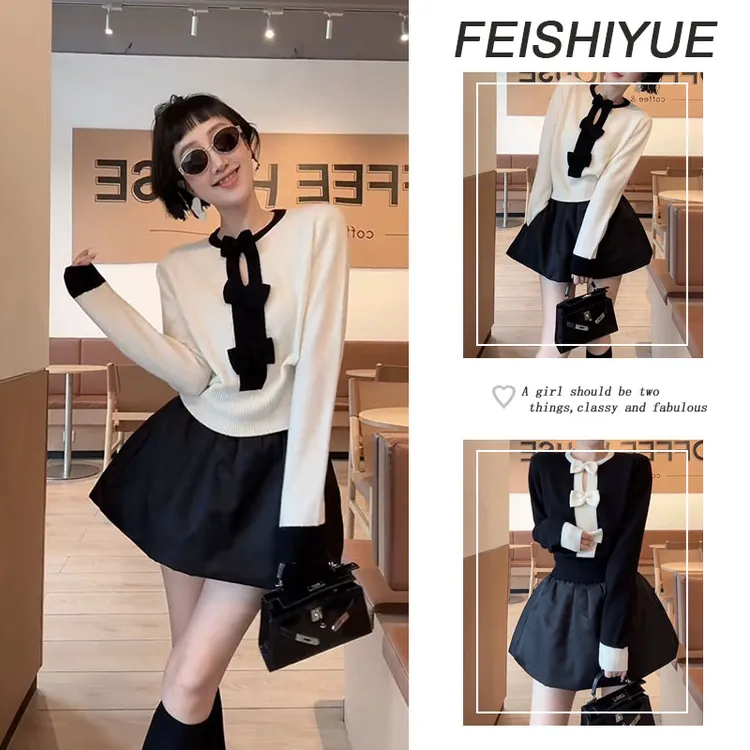 温柔系穿搭一整套女2025新款气质减龄蝴蝶结毛衣百搭半身裙两件套