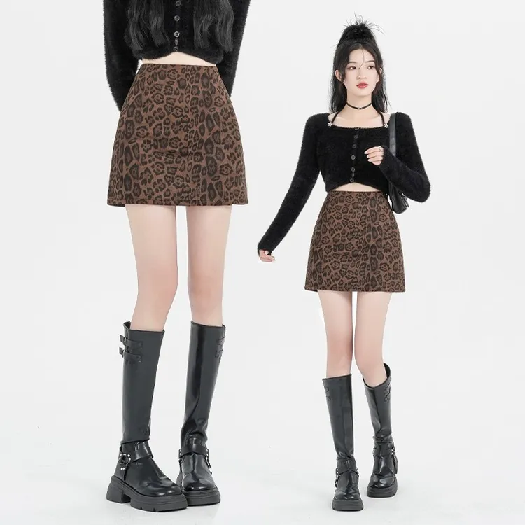 豹纹女装半身裙短裙高腰显瘦时尚复古秋冬款A字鹿皮绒防走光2025