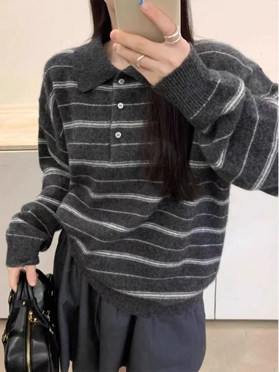有型格调条纹polo领羊毛衫毛衣女秋冬宽松羊绒衫翻领针织衫厚打底