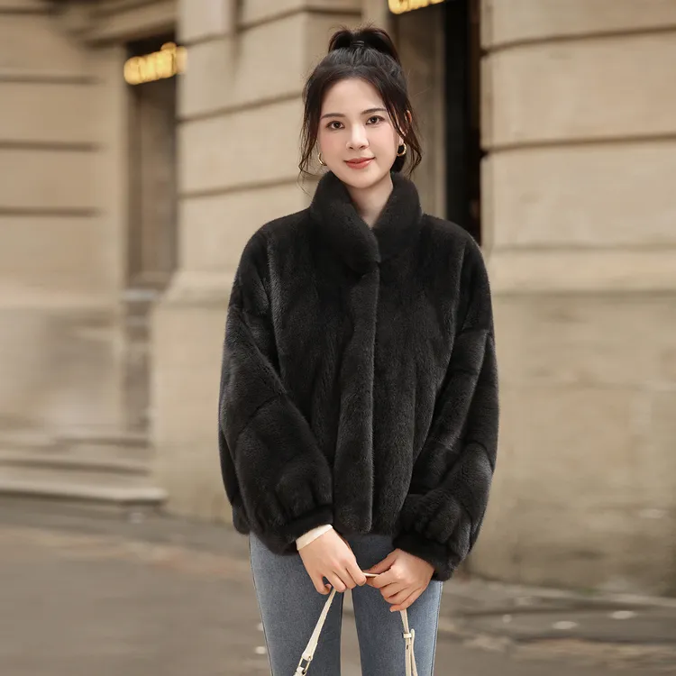 2025新款进口整貂皮草外套女时尚百搭蝙蝠袖水貂皮草短款立领夹克