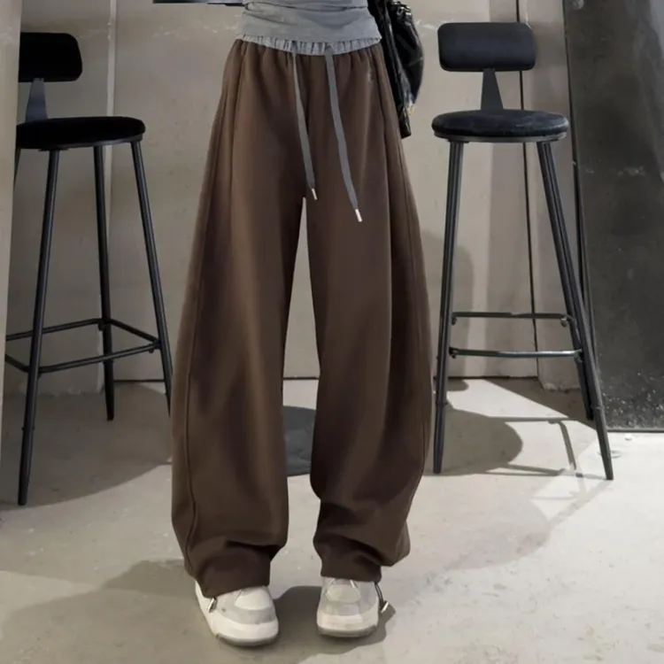 高腰慵懒风加绒阔腿裤2025新款弯刀裤子简约刺绣抽绳拼色运动裤