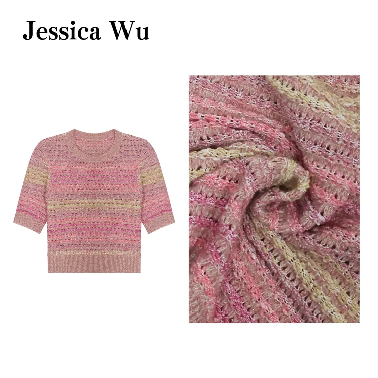JESSICA WU多色渐变横纹透气孔洞肌理感圆领织针衫2579S04030