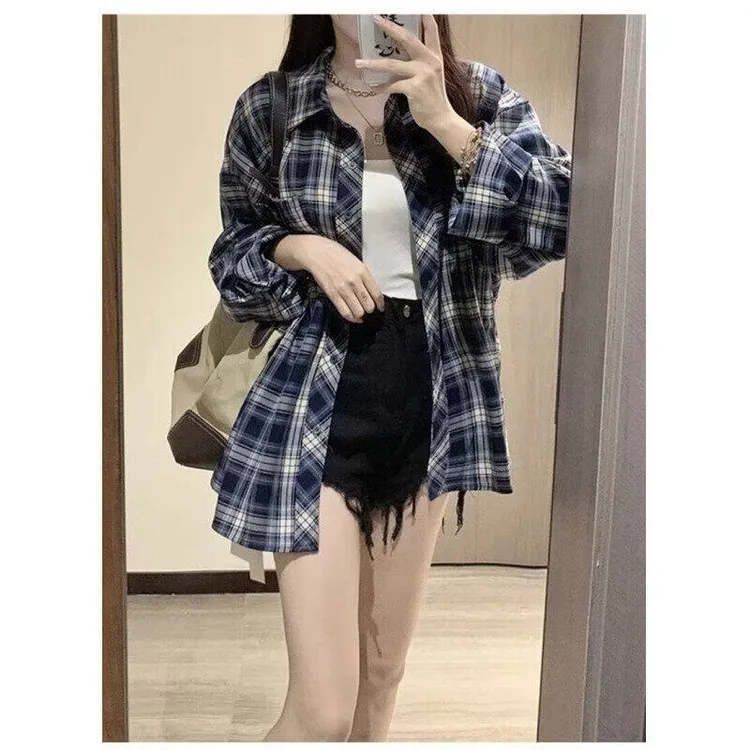 cleanfit蓝格子衬衫ootd穿搭男女同款百搭潮流情侣装长袖衬衣外套